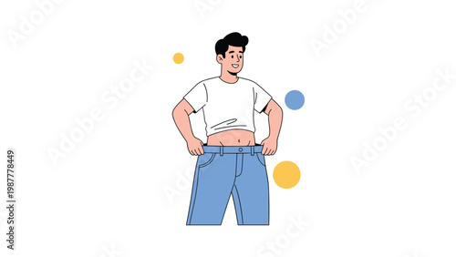 Happy man showing his weight loss progress by holding out the waistband of his oversized blue jeans after dieting.