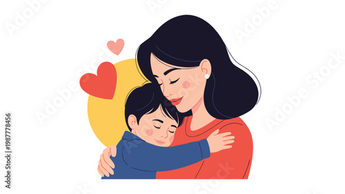 Loving mother embracing her young son in a warm hug with red hearts in the background showing family affection.