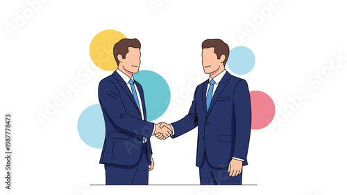 Two professional businessmen in blue suits shaking hands to seal a deal or agreement in a modern office setting.