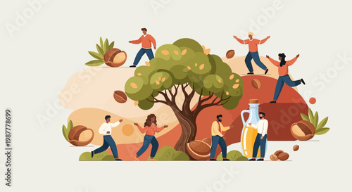 A vibrant illustration celebrating the International Day of Argania, showcasing a diverse community joyfully harvesting precious argan nuts and valuing argan oil