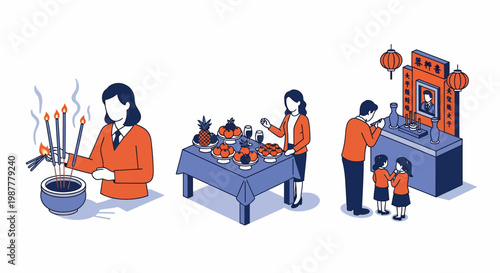 A Chinese Family Pray To Ancestor With Food Incense In A Ritual Of Respect Faith