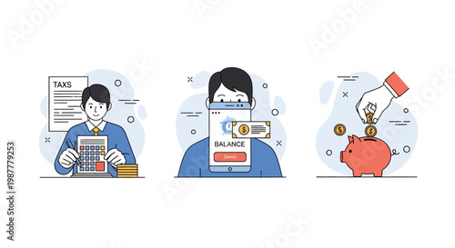Tax pay bank check save money man icon set flat vector business person plan art