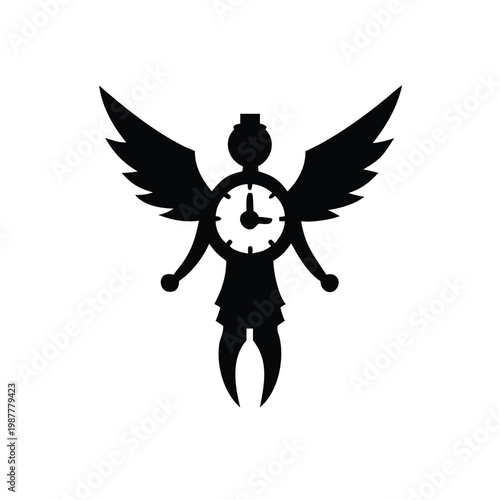 Silhouette of a winged clockwork figure with angelic features, symbolizing time and destiny