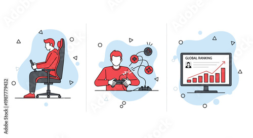 Male gamer sits on chair plays game wins and gains top rank on global leader board graph