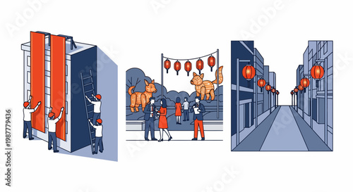 Workers hang banners and people see red lanterns plus fox statues in the city now