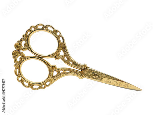 Ornate vintage gold embroidery scissors with intricate floral filigree handles and engraved blades for elegant craft and sewing projects, isolated transparent background image