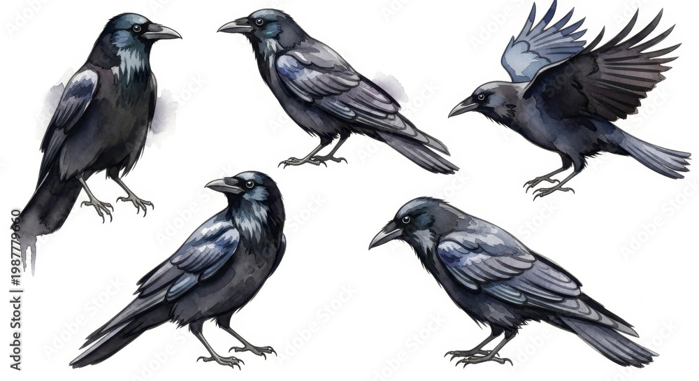 Fototapeta premium Artistic Depiction of Five Black Crows on White Background.