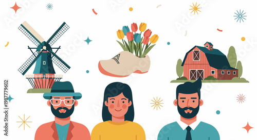 Netherlands Dutch culture heritage with windmill tulips wooden shoe farm house and diverse happy local people