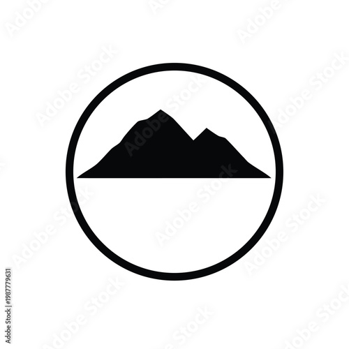 Minimalist Mountain Range Silhouette Icon with a Circular Frame, representing Outdoor Adventure and Natural Landscapes in Simple Graphic Design