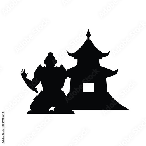 Stylized Silhouette of a Reverent Samurai Warrior Kneeling Before a Traditional Asian Pagoda Structure