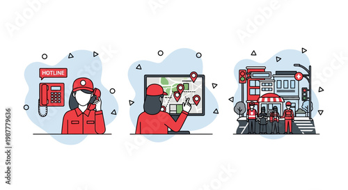 Emergency call center worker on phone using map to send help to a team in the city