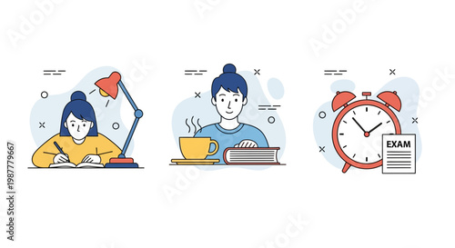 A girl student is at a desk to study for exam with lamp book and clock