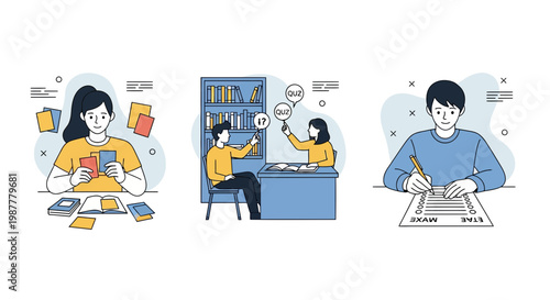 Students study with books and cards and a quiz so they pass a school test