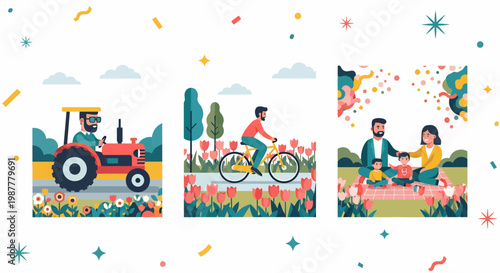 A man on red tractor bike and family at picnic in park with sun and sky