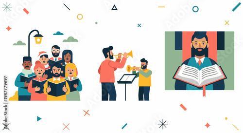 Choir and brass band and a man reading a book at a show for art