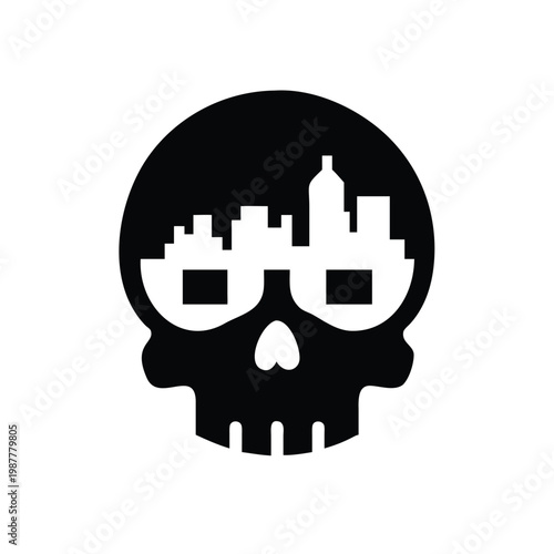 Intriguing silhouette graphic blending a human skull with a modern cityscape design within its form, symbolizing urban complexity and societal layers