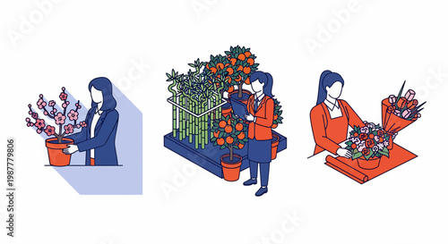 Girl in shop with flower and plant for sale in a local market work job