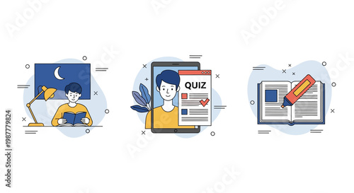 Boy read night do quiz on app use pen and book to learn fast icon set