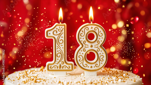 Number 18 birthday candles on cake with lit flames festive red background party decoration celebration milestone event adult age concept