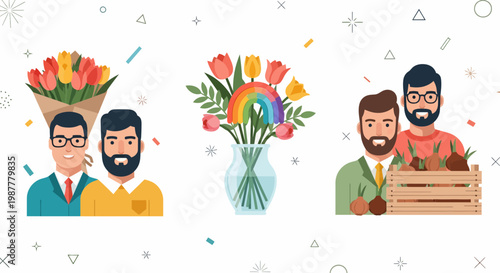 Gay men sell tulips at shop with bulb and pot of pride art for sale