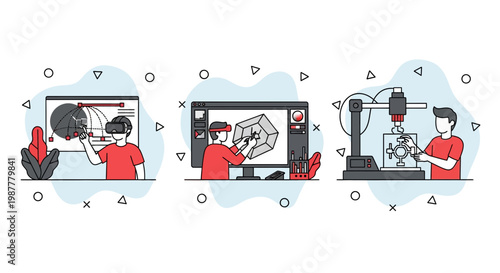 Modern future technology design concept with virtual reality headsets three dimensional modeling and industrial additive manufacturing