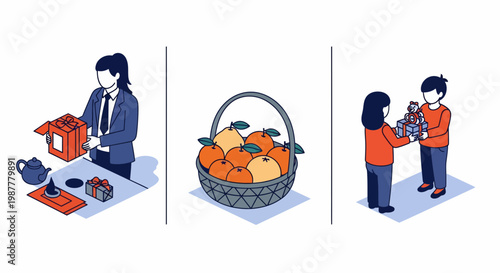 Isometric vector showing gift giving customs with business exchange fruit basket and children sharing presents during traditional holiday celebrations