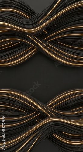 Smooth dark curves with golden edges flow across a deep black background.