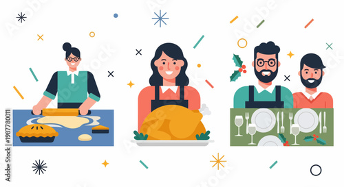 People bake pie roast turkey set table for festive holiday dinner party celebration meal feast food host joy