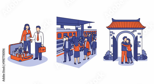 People packing bags taking train home and hugging family for holiday travel rush vector set illustration