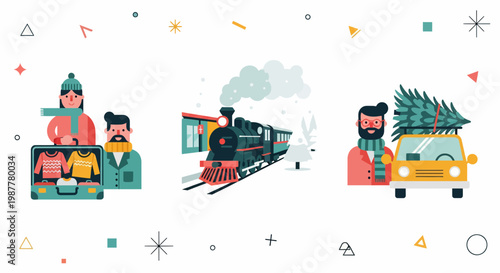 Winter holiday travel scenes with people packing suitcase steam train and car with christmas tree