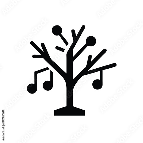 Stylized silhouette of a creative music tree with hanging notes, symbolizing artistic expression and harmony