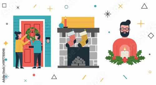 Flat vector illustration of people decorating home with wreath fireplace and stockings for Christmas season