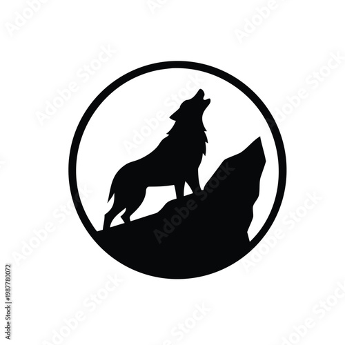 Majestic silhouette of a lone wolf howling from a mountain cliff, captured in a powerful iconic design