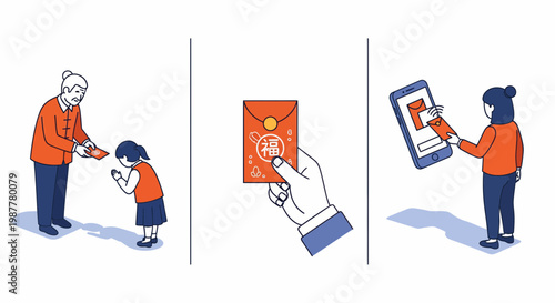 Red gift and new app for New Year and cash and gift and fun and luck