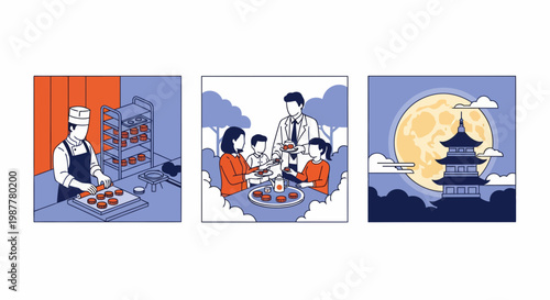 Mid Autumn Festival Traditional Celebration Family Eating Mooncakes Chef Baking Pastries Pagoda Night Scenery Holiday Asian