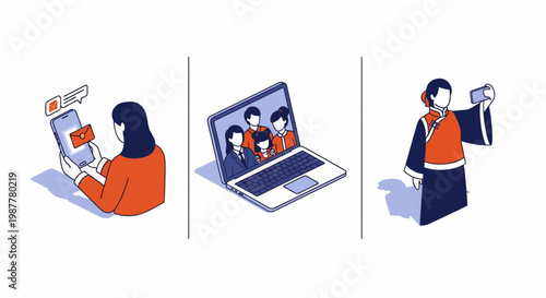 Set of web icons for new year with phone and family and app and girl