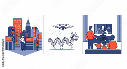 Modern Lunar New Year Drone Dragon City Family TV News Media Tech Art Joy Set