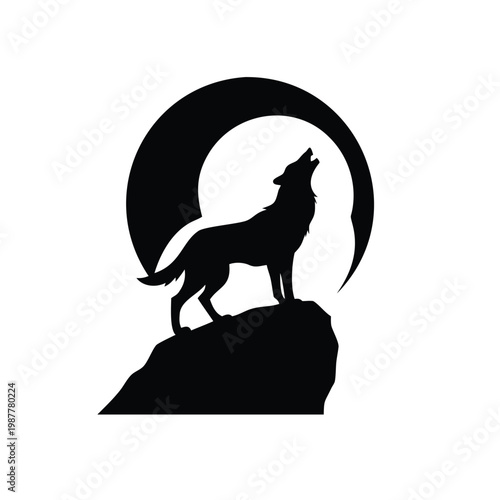 Striking Wolf Silhouette Howling Design with Crescent Moon and Rocky Outcrop