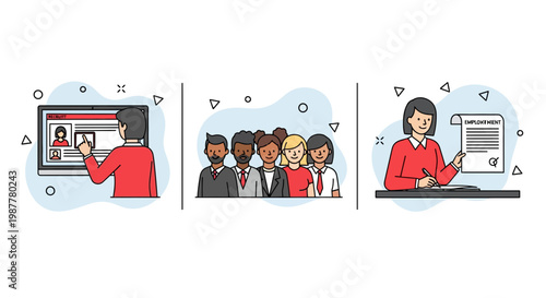Modern professional human resources recruitment process stages showing online candidate selection group interview and contract signing agreement