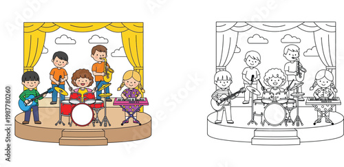 Children's music band performing on stage with various instruments, including a black and white coloring book page version for kids' activities and educational projects, vector art.