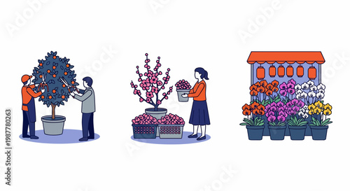 Men trim tree and girl buy pot of bloom for new year day flower sale