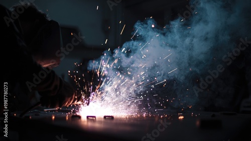 Sparks fly as a welder skillfully joins metal pieces in a dimly lit workshop, showcasing craftsmanship