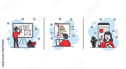Product development cycle including UI design and programming and app testing and software launch and work