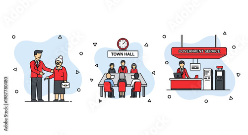Flat vector illustration of public service duty government officer helping elderly citizen town hall meeting desk