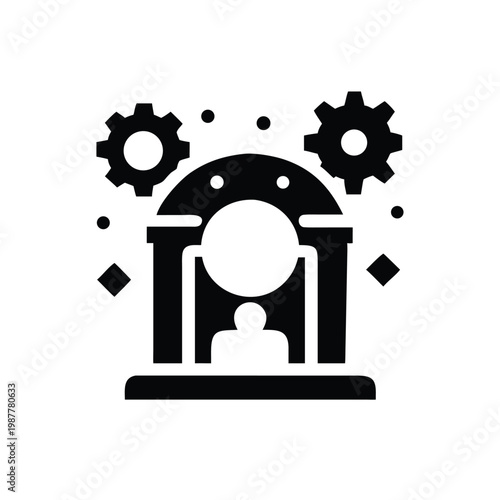 Silhouette of ancient gate with gears in cosmic space, representing innovation and progress