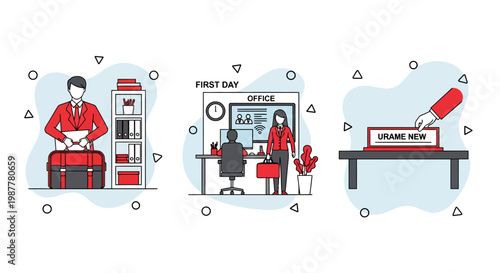 Job start day one man bag desk woman work sign new team hire goal plan