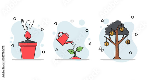 Business growth stages from planting seeds to watering plants and harvesting money from the big tree