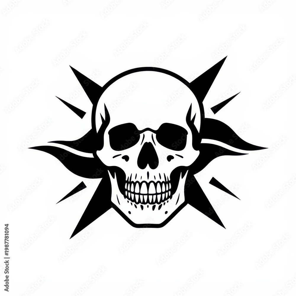 Fototapeta premium Halloween skull with devil horns in sharp black and white line art for spooky designs