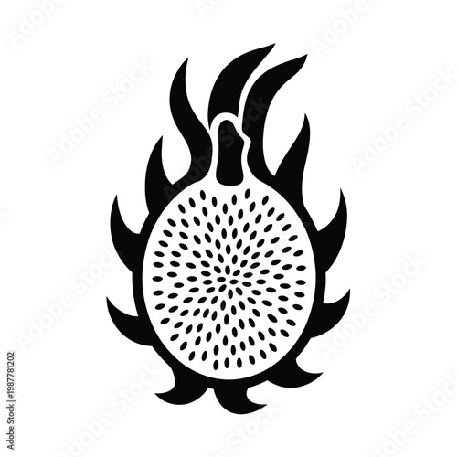 A stylized black and white illustration of a sliced dragon fruit