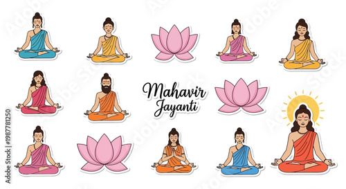 Mahavir Jayanti illustrations showcasing various depictions of Lord Mahavir in the lotus position, celebrating the Jain festival with vibrant colors and vector designs against a clean white